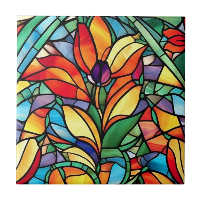 Vintages Hartglas Orange Lila Blume Fliese (Vorderseite)