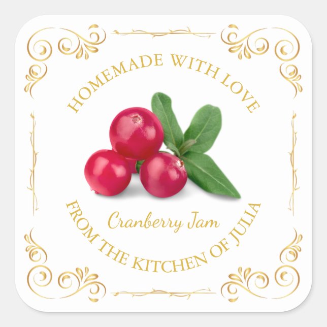 Vintages hausgemachte Cranberry-Jam-Platz-Label Quadratischer Aufkleber (Vorderseite)