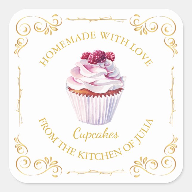 Vintages, hausgemachte Cupcake-Platz-Label Quadratischer Aufkleber (Vorderseite)