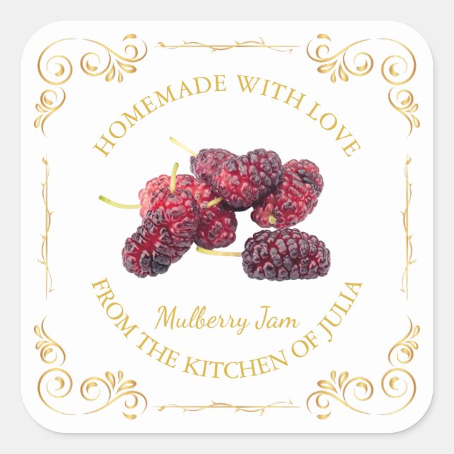 Vintages, hausgemachte Mulberry-Marmelade-Label Quadratischer Aufkleber (Vorderseite)