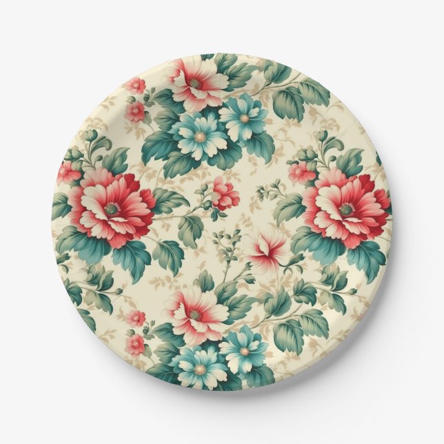 Vintages hellblaues Viktorianisches Blumendesign Pappteller (Vorderseite)