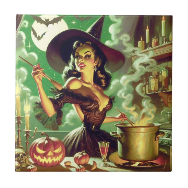 Vintages HexenHalloween-Button Fliese (Vorderseite)