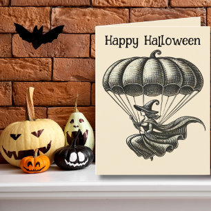 Vintages Hexenwerk und Kürbisparachute Halloween-F Feiertagskarte