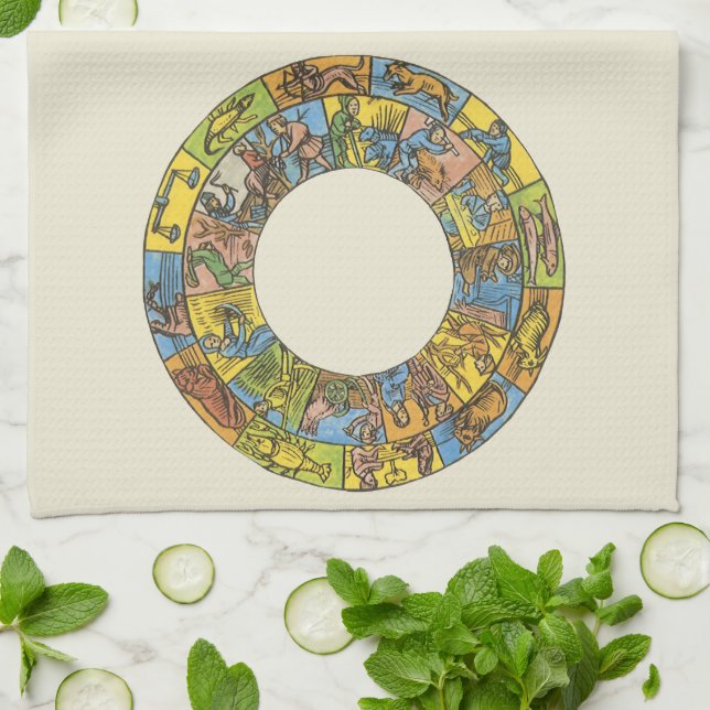 Vintages Himmelsrad, astrologisches Zodiakrad Geschirrtuch (Gefaltet)