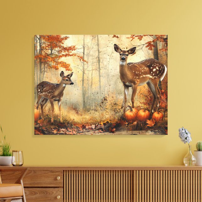 Vintages Hirsch und Fauna Herbst Jahrbuch 32x24 Leinwanddruck (Insitu (Wohnzimmer))