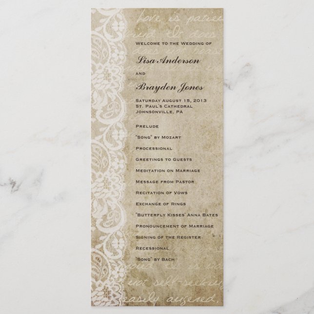 Vintages Hochzeitsprogramm der Spitzenklasse Programm (Vorderseite)
