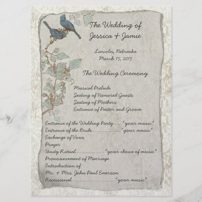 Vintages Hochzeitsprogramm für Aquamarine Vogelart Programm (Vorderseite)