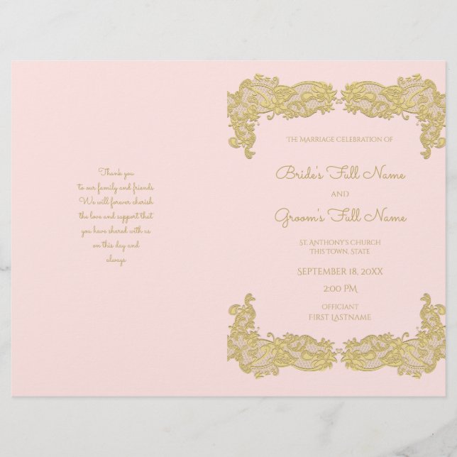 Vintages Hochzeitsprogramm für Gold und Rosa (Vorderseite)