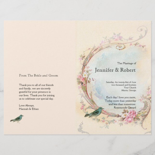 Vintages Hochzeitsprogramm für Rosa und Robin (Vorderseite)