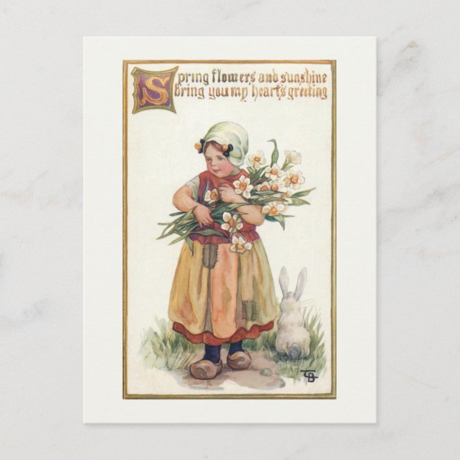 Vintages Holländisches Mädchen mit Osterfrühling-J Postkarte (Vorderseite)