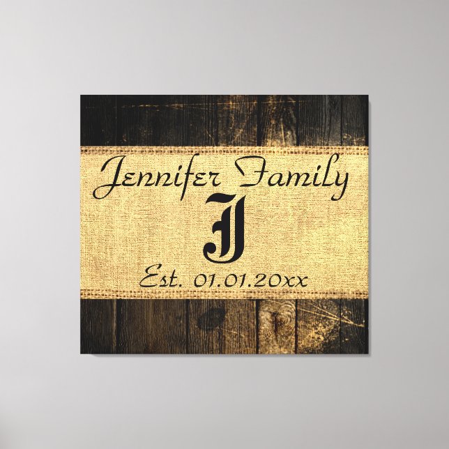 Vintages Holzschauen Rustikales Burlap Monogramm # Leinwanddruck (Vorderseite)