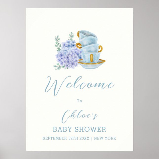 Vintages Hydrangea Tea Brewing Baby Dusche Willkom Poster (Vorne)