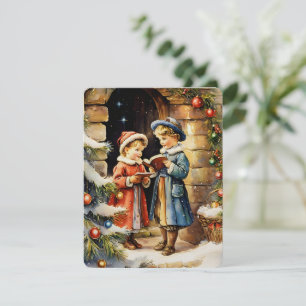 Vintages Illustrationskind, das Weihnachtslieder s Feiertagskarte