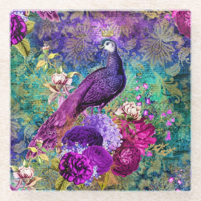 Vintages Illustriertes Peacock Grunge-Muster Glasuntersetzer (Vorderseite)