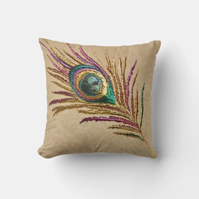 Vintages Imitat stickte Pfau-Feder Kissen (Vorderseite)