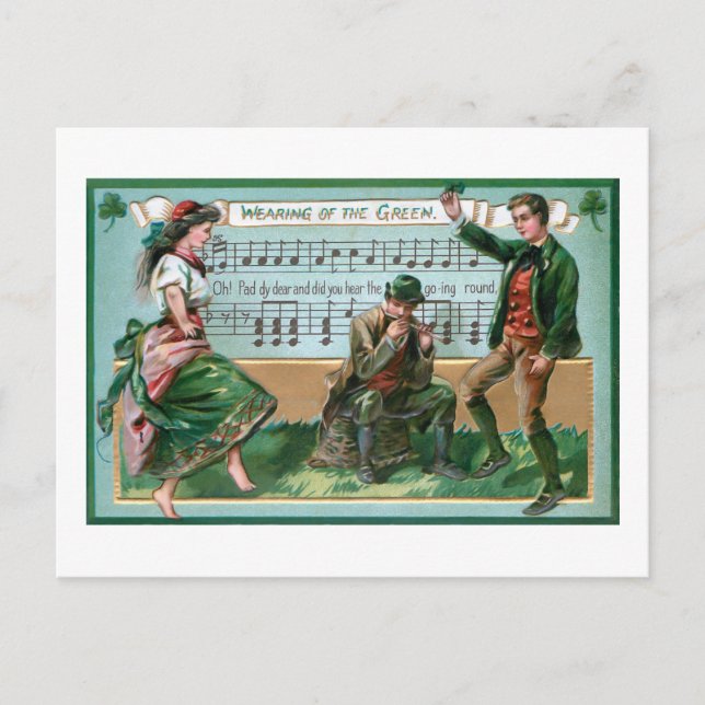Vintages irisches Paar mit Musik Feiertagspostkarte (Vorderseite)