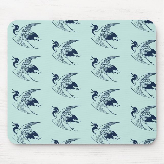 Vintages Japanisch Zeichn eines Krans, blau Mousepad (Vorne)