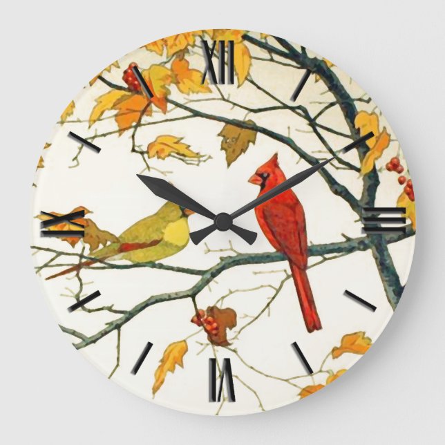 Vintages Japanisch zeichnend, Kardinal auf Zweig Große Wanduhr (Vorderseite)