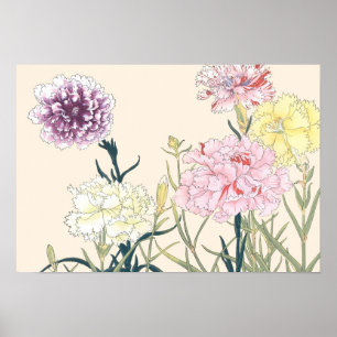 Vintages japanisches Blumenrosa-Nelkenplakat Poster