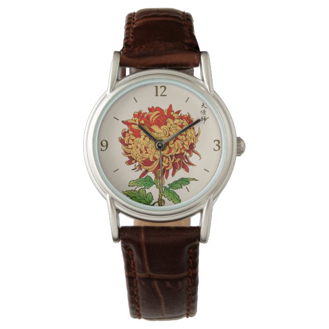 Vintages japanisches Chrysanthemum. Gold und Orang Armbanduhr (Vorderseite)