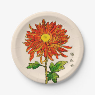 Vintages japanisches Chrysanthemum. Orange und Gol Pappteller