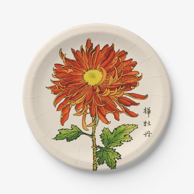 Vintages japanisches Chrysanthemum. Orange und Gol Pappteller (Vorderseite)