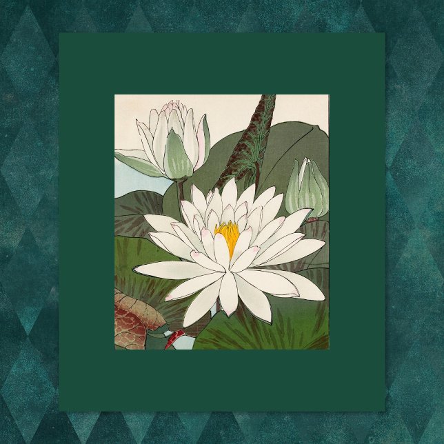 Vintages japanisches Druckwasser Lilien Leinwanddruck (japanese waterlily print given a dark green background.)