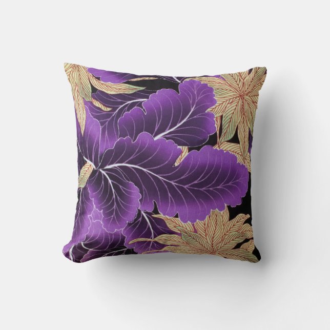 Vintages japanisches Textil, Lila Leaf Kissen (Vorderseite)