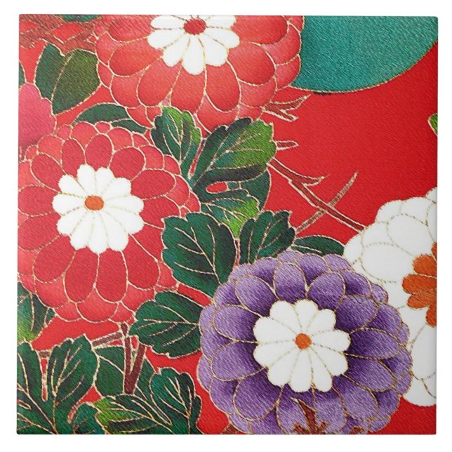 Vintages japanisches Textil - Red Dahlias Fliese (Vorderseite)