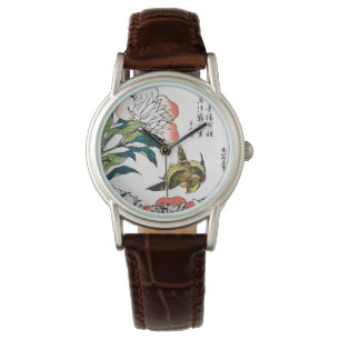 Vintages japanisches zeichn, Peonies und Sparrow Armbanduhr