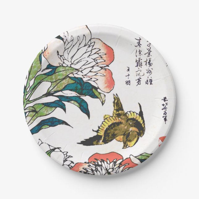 Vintages japanisches Zeichnen, Pfingstrosen und Pappteller (Vorderseite)
