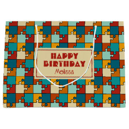 Vintages Jigsaw Puzzlestücke Muster Geburtstag Große Geschenktüte
