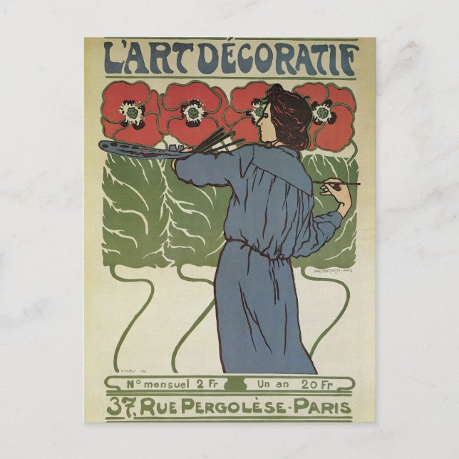 Vintages Jugendstil, Blume zum Malen von Mohn Postkarte (Vorderseite)
