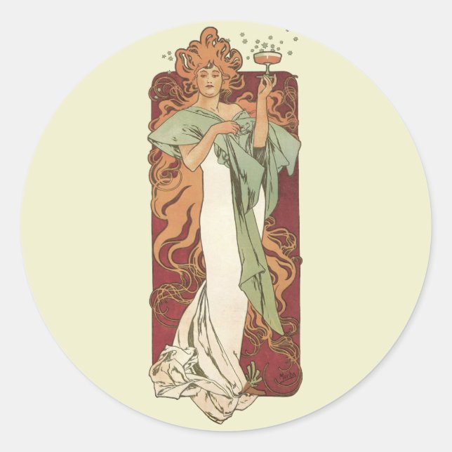 Vintages Jugendstil, Champagner von Alphonse Mucha Runder Aufkleber (Vorderseite)