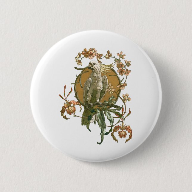 Vintages Jugendstil, Cockatoo Bird, Orchideen Blum Button (Vorderseite)