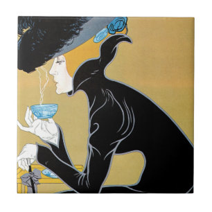 Vintages Jugendstil, Dame Drinking Marco Polo Tee Fliese
