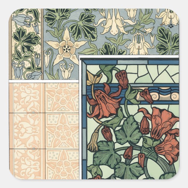 Vintages Jugendstil, Kolumbus Aquilegii-Blume Quadratischer Aufkleber (Vorderseite)