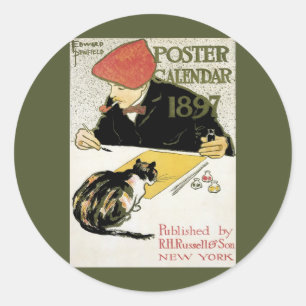 Vintages Jugendstil, Kunstmalerei mit Hauskatze Runder Aufkleber
