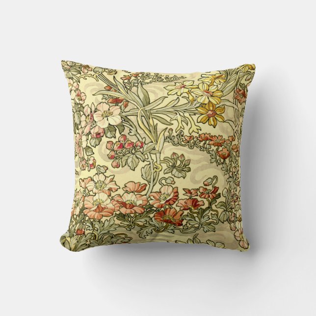 Vintages Jugendstil Mucha Blumenmuster Kissen (Vorderseite)