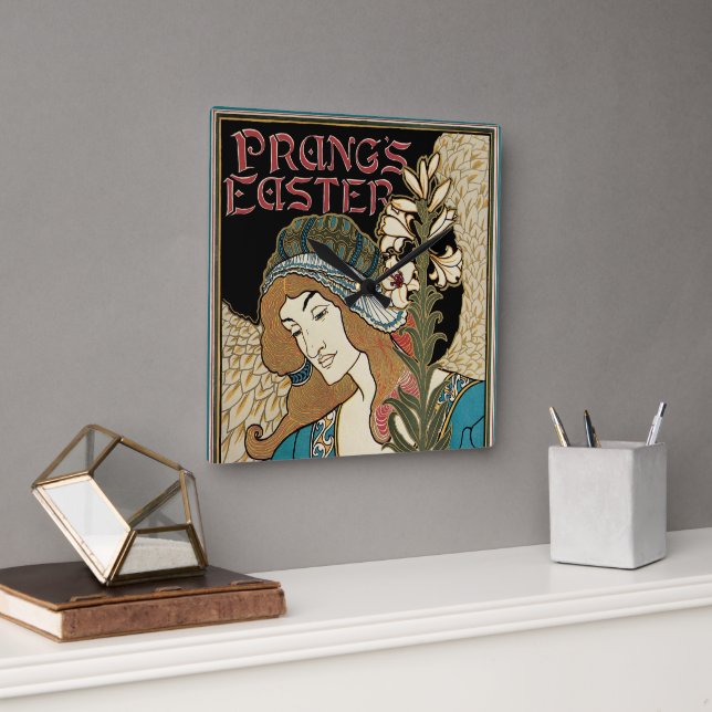 Vintages Jugendstil, Prang's Osterveröffentlichung Quadratische Wanduhr (Büro)