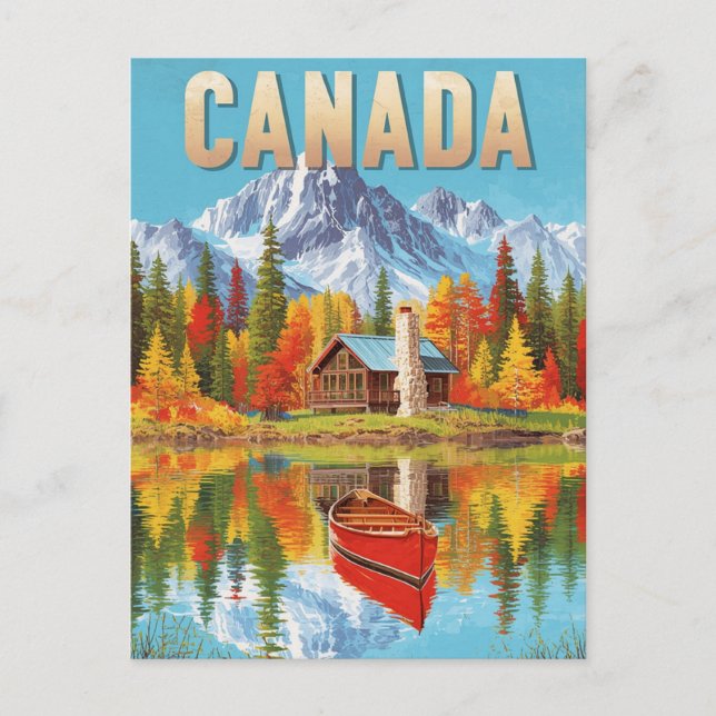 Vintages Kanada Wildniskabine & Kanusee-Szene Postkarte (Vorderseite)