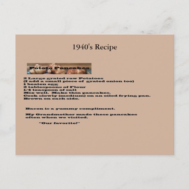 Vintages Kartoffelpancake Rezept Postkarte (Vorderseite)