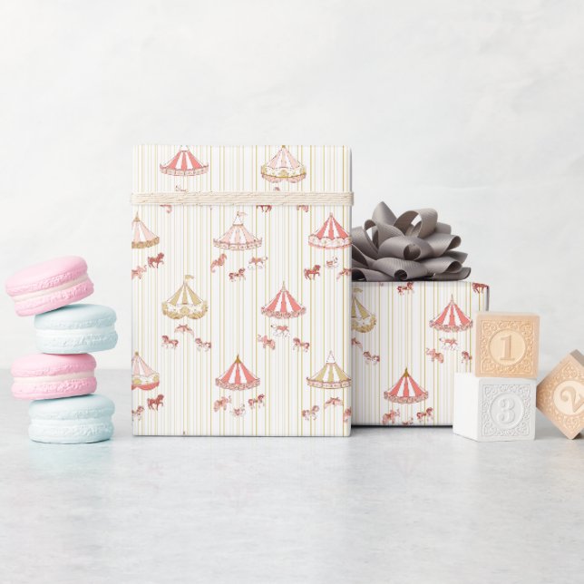 Vintages Karussellpapier mit rosa Umrandungspapier Geschenkpapier (Babyparty)
