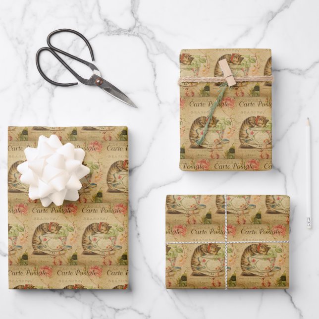 Vintages Kätzchen-Haustier mit stylischem Kätzchen Geschenkpapier Set (Vorderseite)