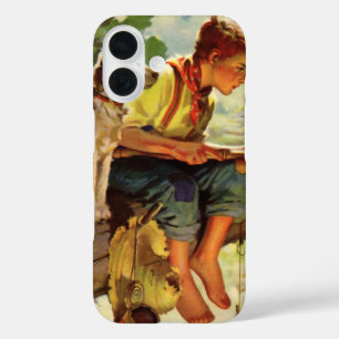 Vintages Kind, Junge, der mit seinem Haustier Hund iPhone 16 Hülle