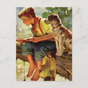 Vintages Kind, Junge, der mit seinem Haustier Hund Postkarte