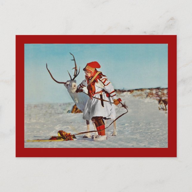 Vintages Kind mit Rentier Postkarte (Vorderseite)
