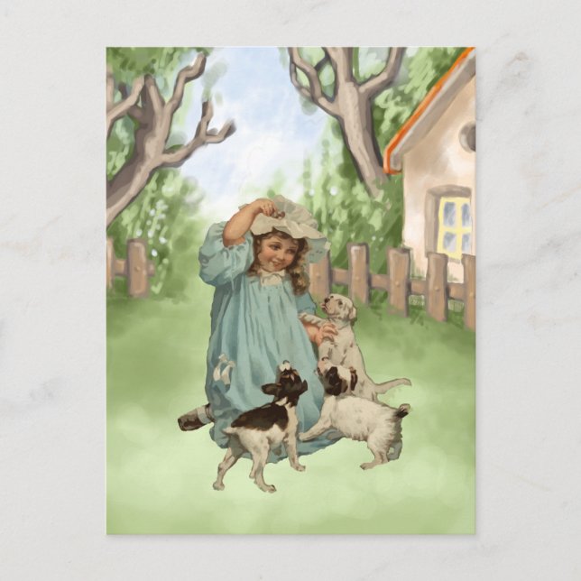 Vintages Kind mit Terrier Hunden Postkarte (Vorderseite)