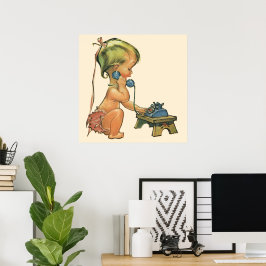 Vintages Kind Niedlich Blond Girl spricht auf Spie Poster