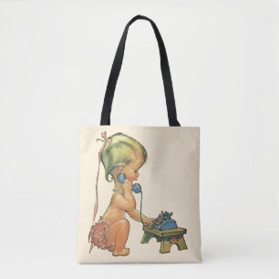 Vintages Kind Niedlich Blond Girl spricht auf Spie Tasche